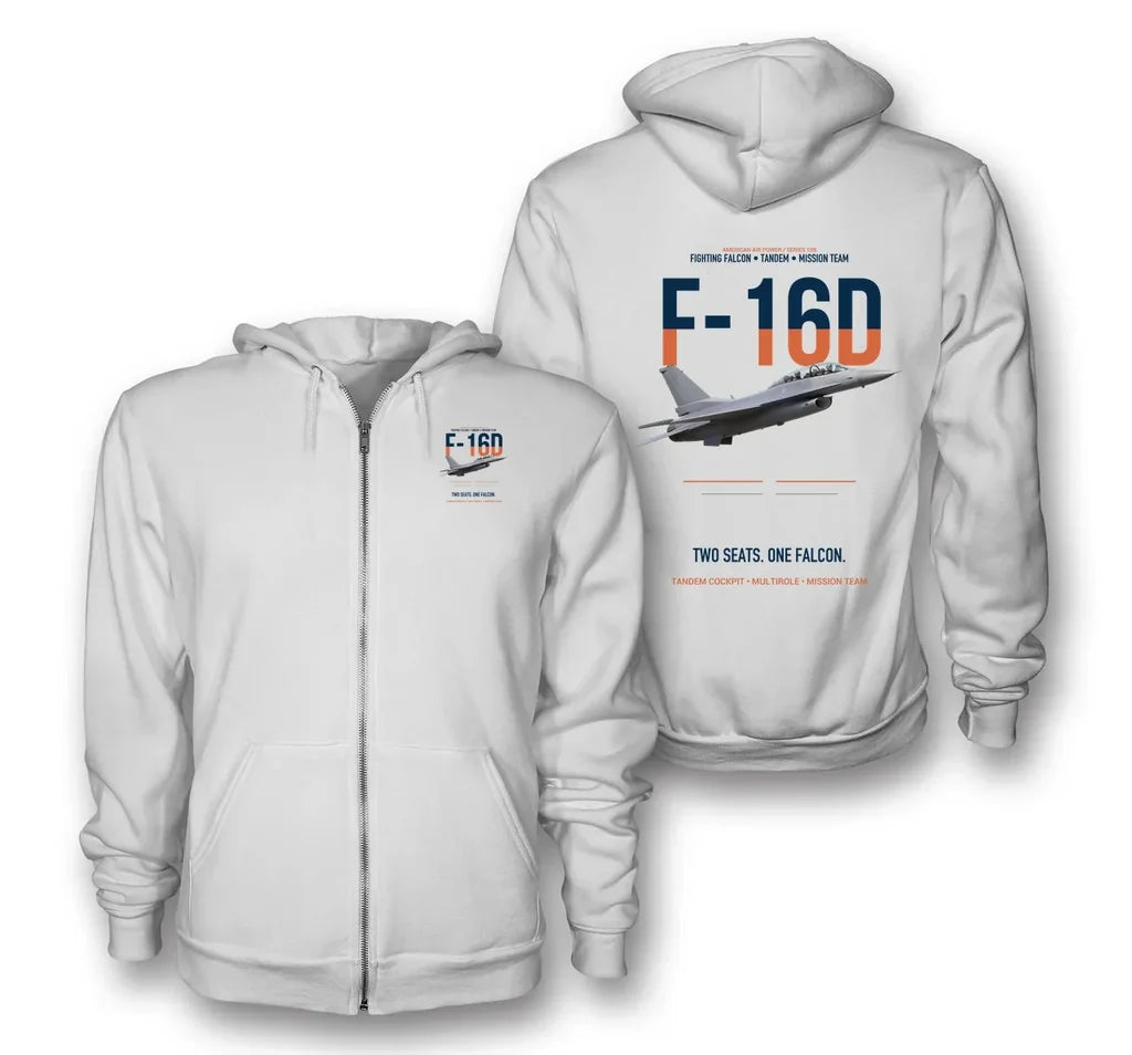 F-16D FIGHTING FALCON design on white zipped hoodie