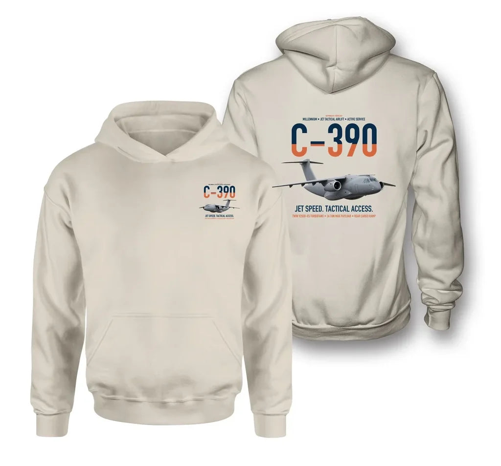 C-390 Millennium design on khaki double-side hoodie, double-side print
