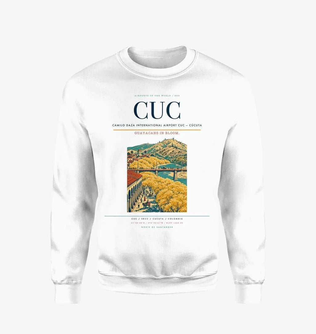 Camilo Daza International Airport (CUC) design on white sweatshirt