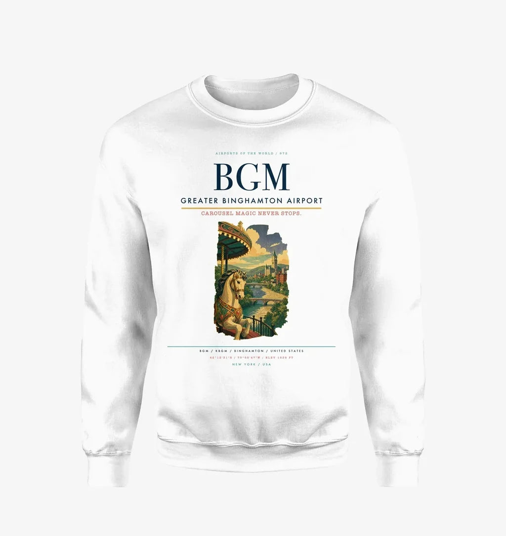 Greater Binghamton Airport (BGM) design on white sweatshirt