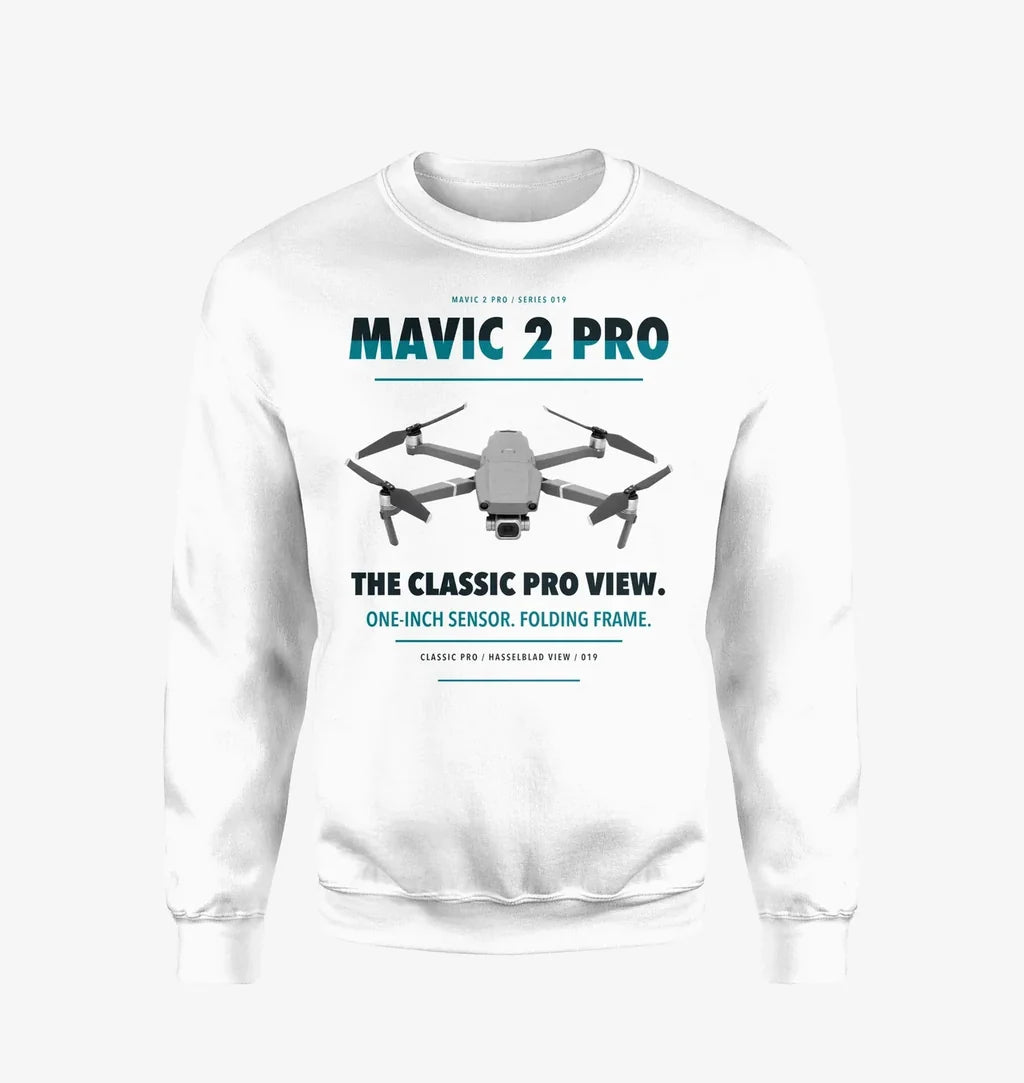 DJI Mavic 2 Pro design on white sweatshirt