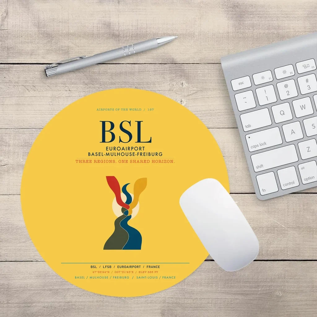 EuroAirport Basel-Mulhouse-Freiburg (BSL) design on yellow round mouse pad