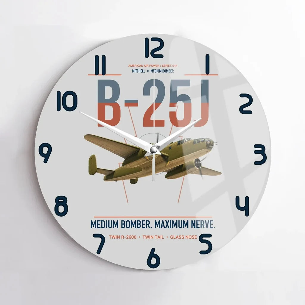 B-25J Mitchell design on light gray no frame wall clock