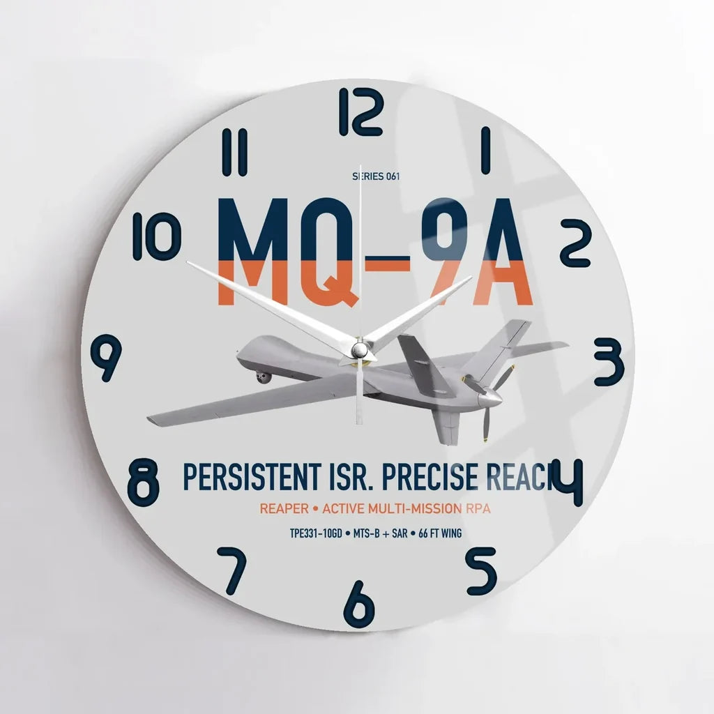 MQ-9A Reaper design on light gray no frame wall clock
