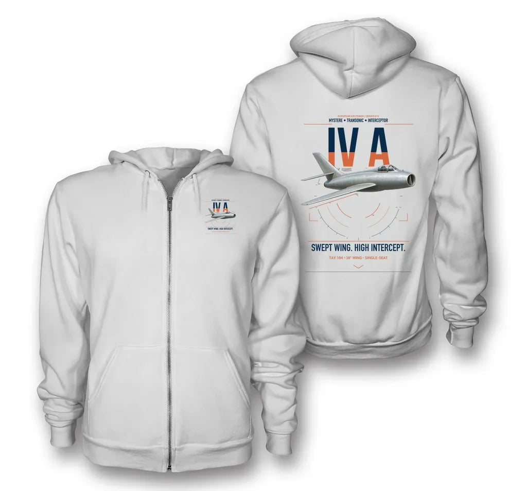 Dassault Mystère IV A design on white premium zipped hoodie, double-side print