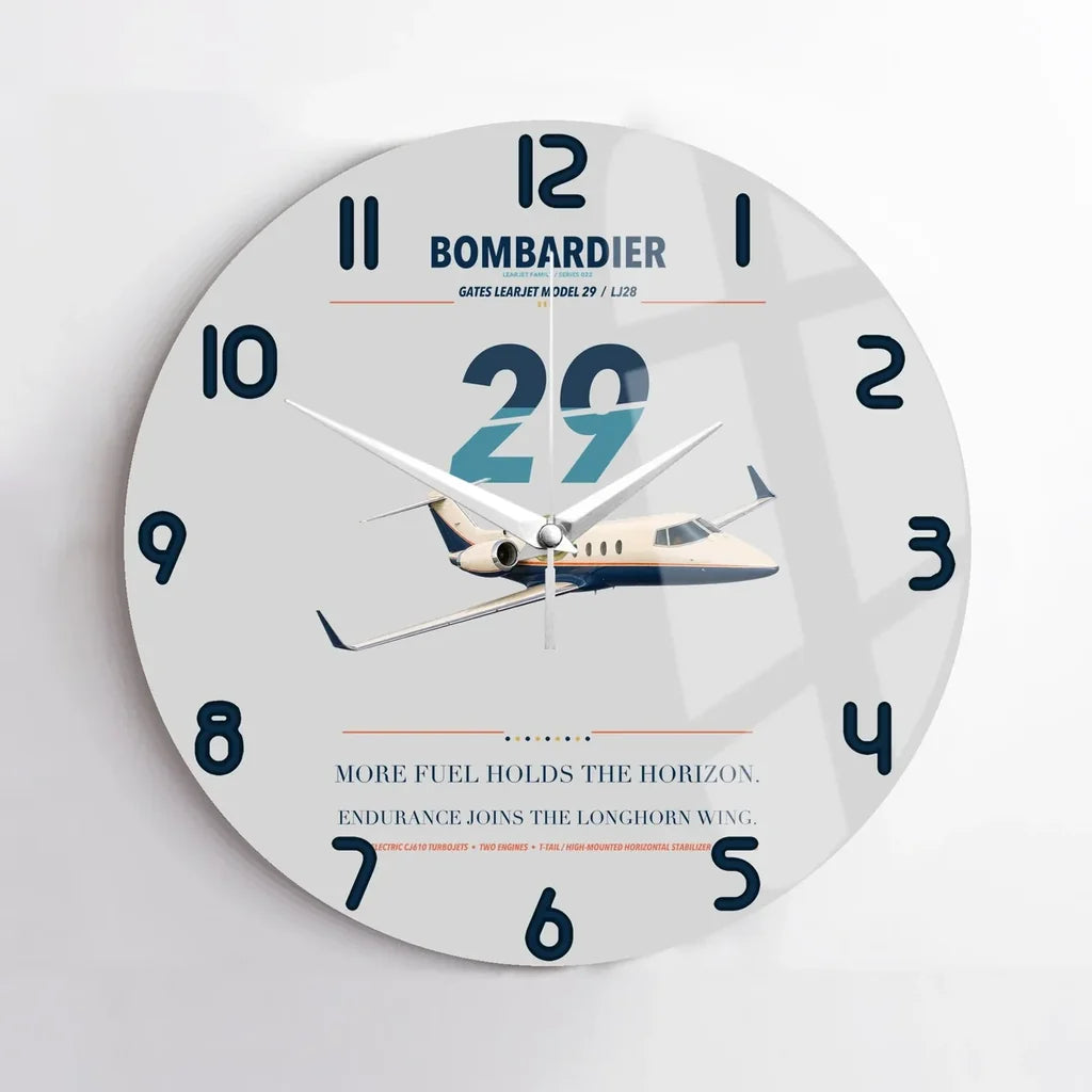 Bombardier Learjet 29 design on light gray no frame wall clock