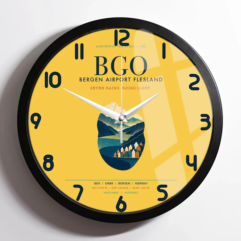 Bergen Airport Flesland (BGO) design on yellow framed wall clock