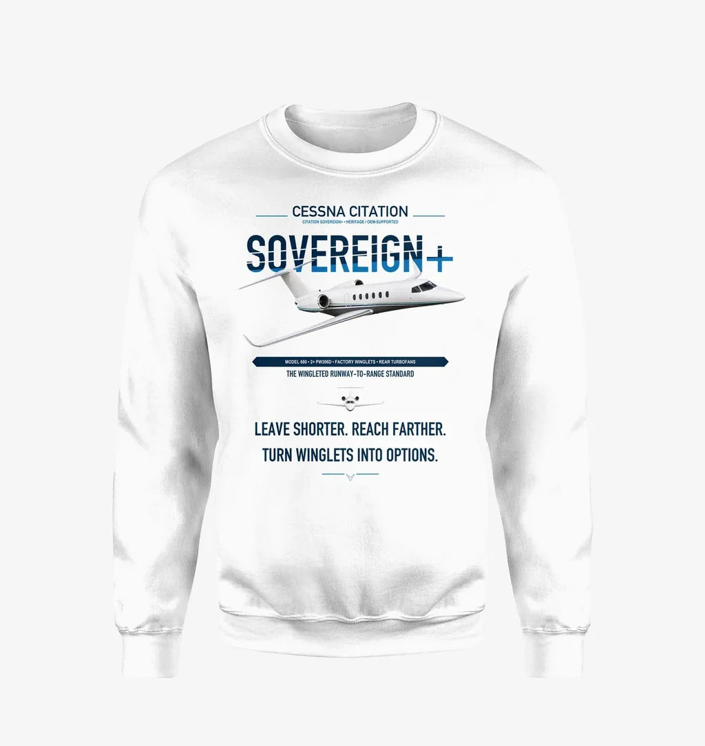 Cessna Citation Sovereign+ design on white sweatshirt