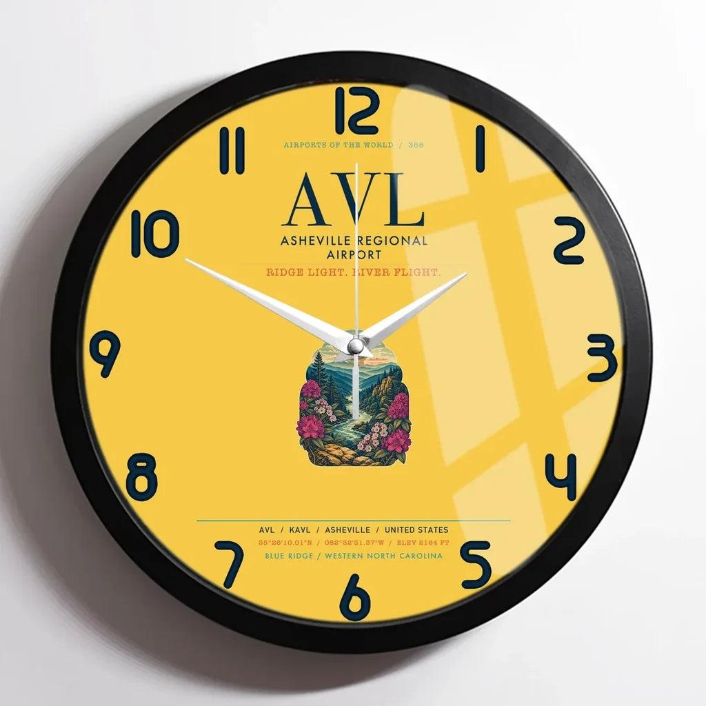 Asheville Regional Airport (AVL) design on yellow framed wall clock