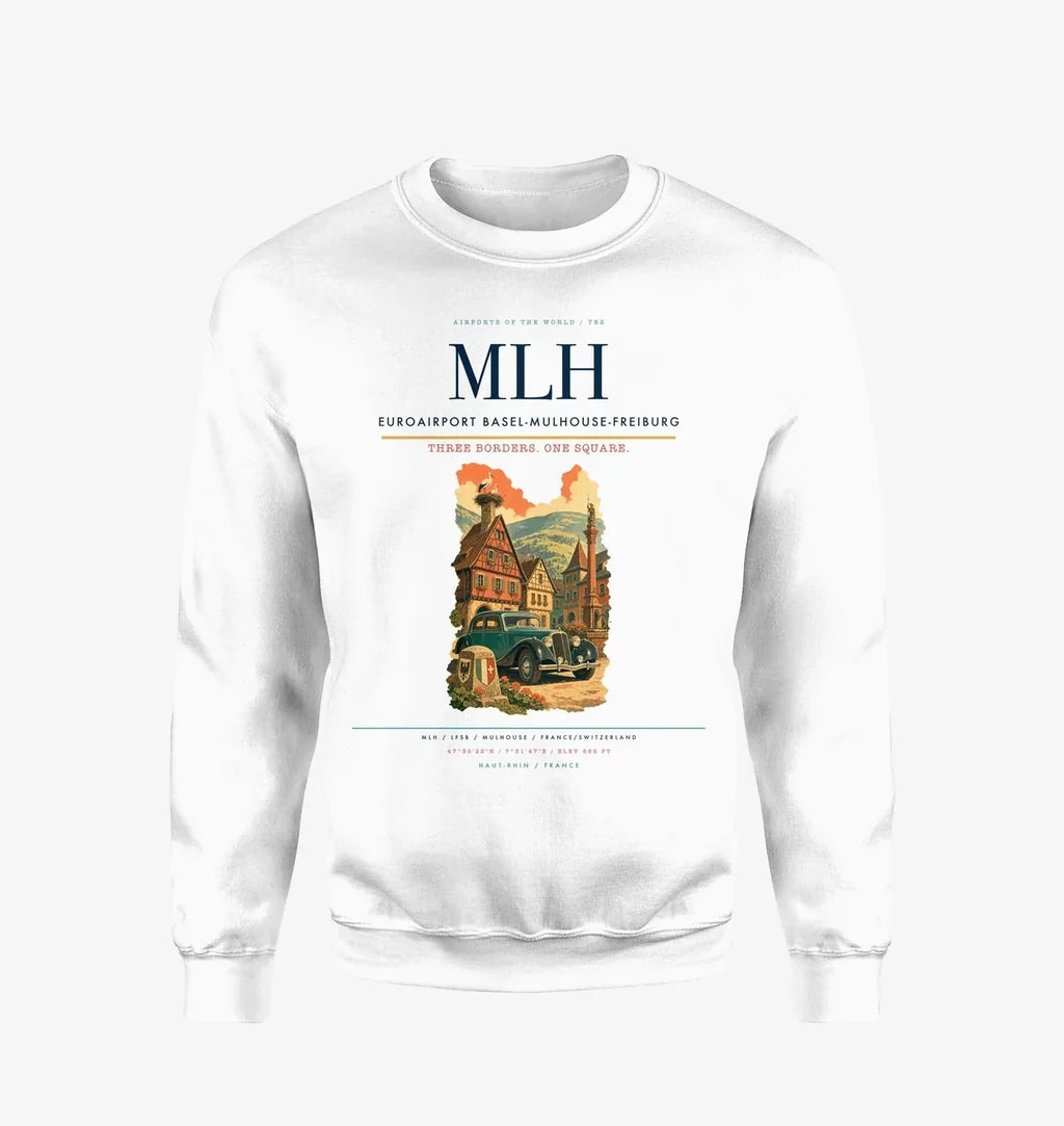 EuroAirport Basel-Mulhouse-Freiburg (MLH) design on white sweatshirt