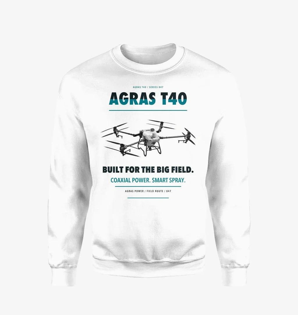 DJI Agras T40 design on white sweatshirt