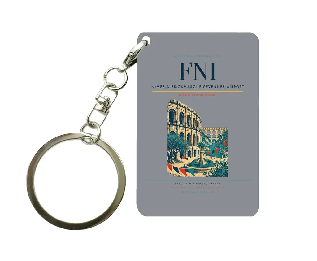 Nîmes-Alès-Camargue-Cévennes Airport (FNI) design on gray key chain