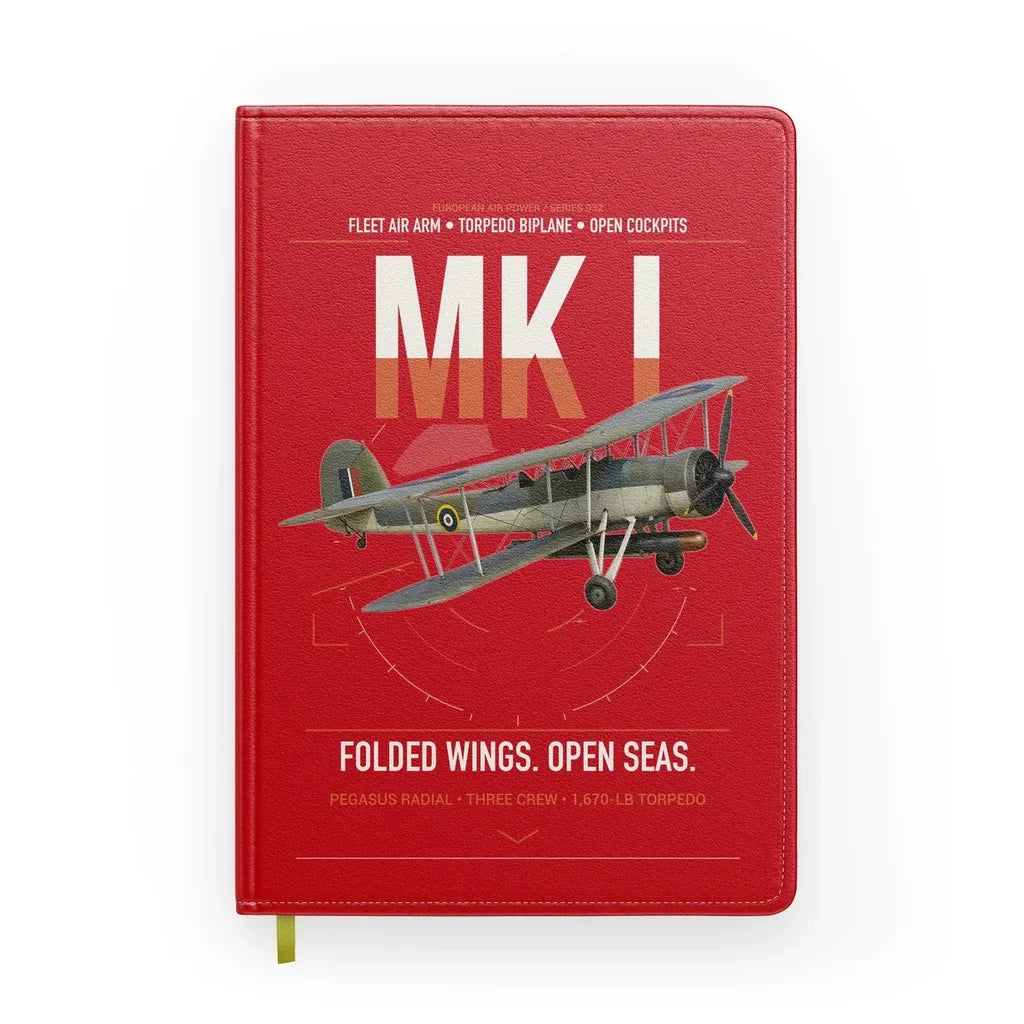 Fairey Swordfish Mk I design on red notebook