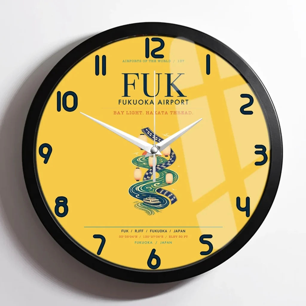 Fukuoka Airport (FUK) design on yellow framed wall clock