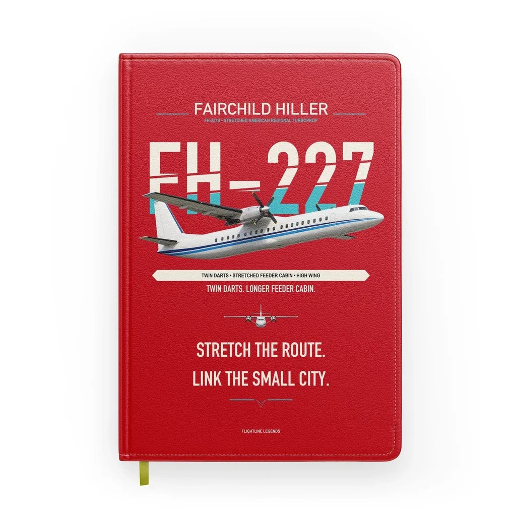 Fairchild Hiller FH-227B design on red notebook