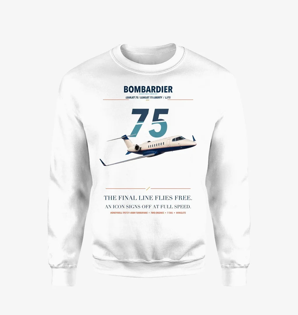 Bombardier Learjet 75 Liberty design on white sweatshirt