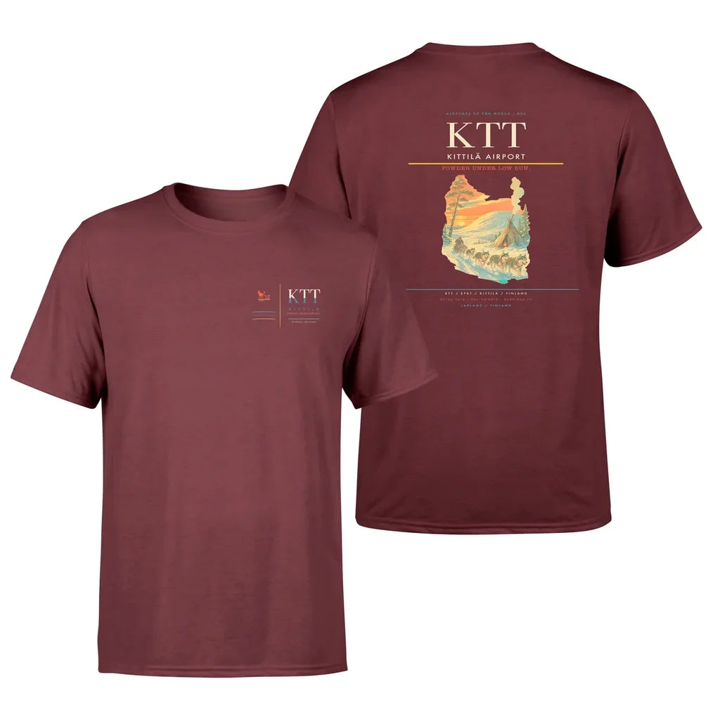 Kittilä Airport (KTT) design printed on dark red double-side t-shirt