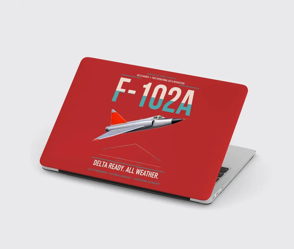 F-102A Delta Dagger design on red MacBook case