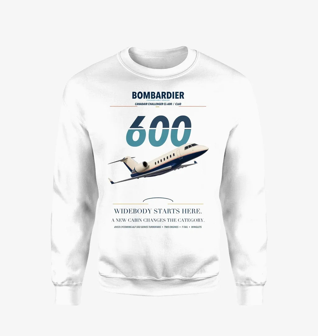 Bombardier Challenger 600 design on white sweatshirt
