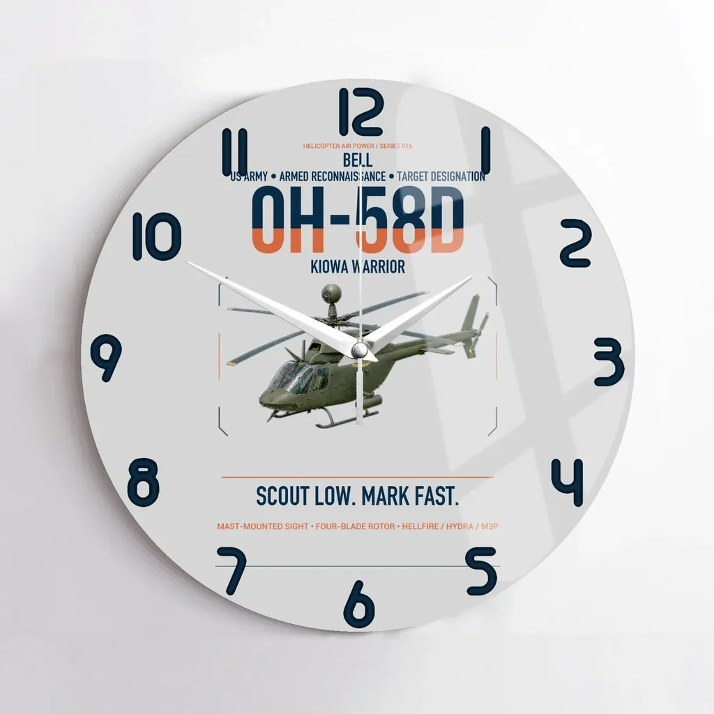 Bell OH-58D Kiowa Warrior design on light gray no frame wall clock