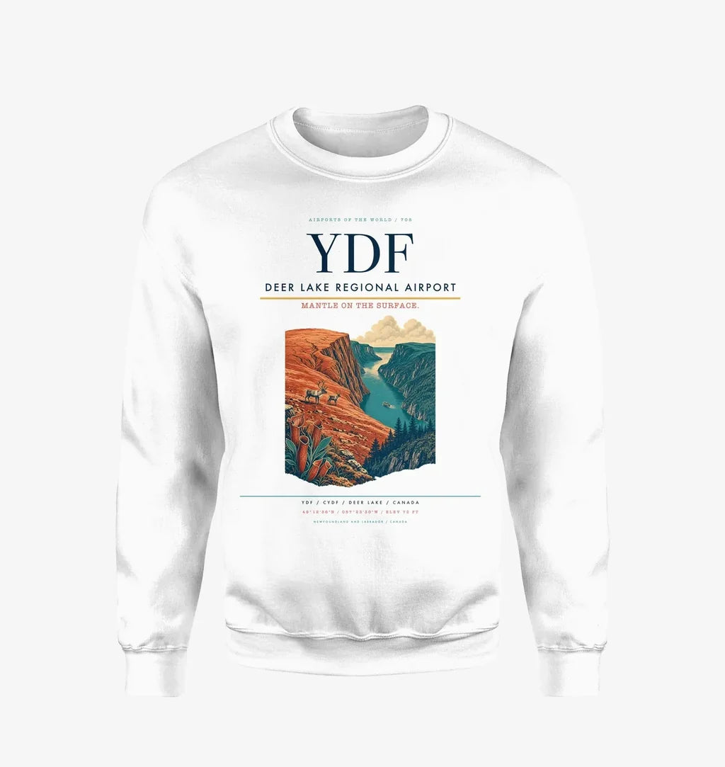 Deer Lake Regional Airport (YDF) design on white sweatshirt