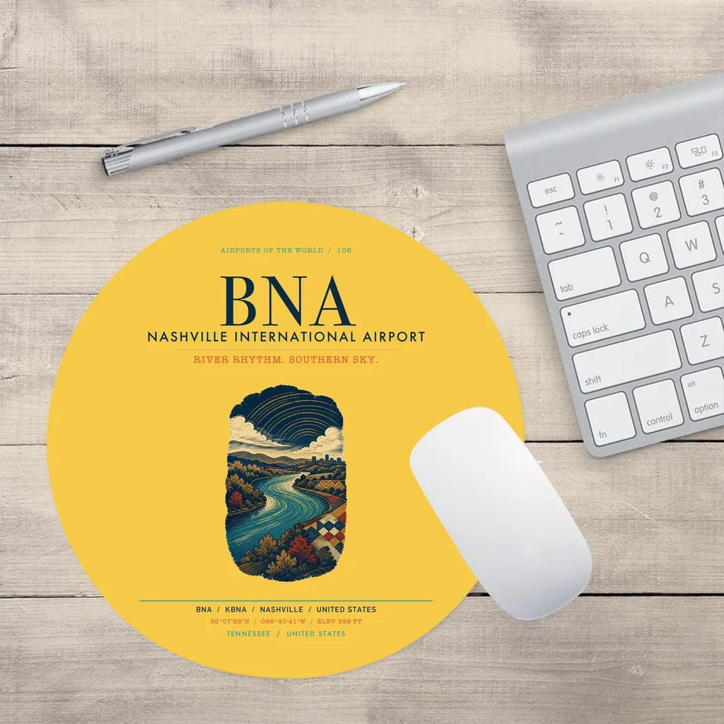 Nashville International Airport (BNA) design on yellow round mouse pad