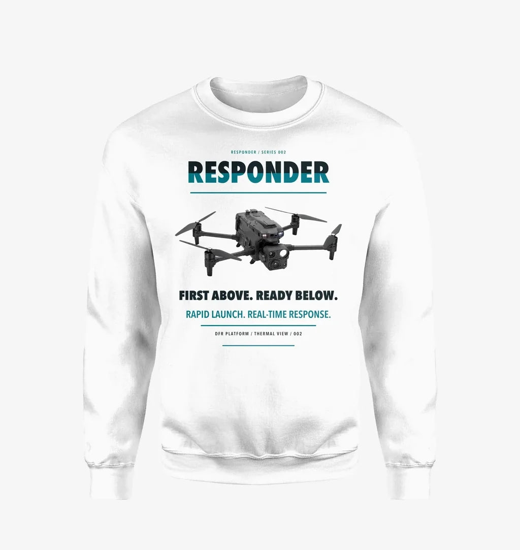 BRINC Responder design on white sweatshirt