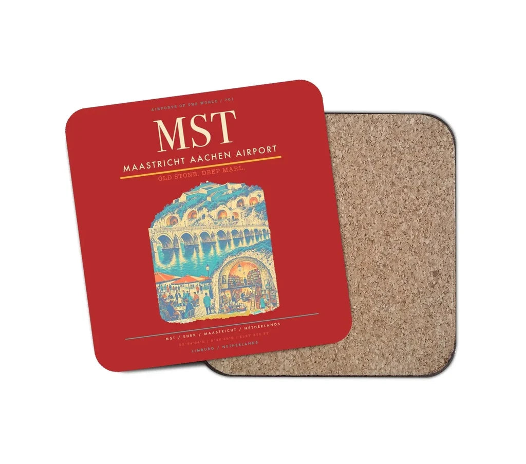 Maastricht Aachen Airport (MST) design on red 1 piece coaster