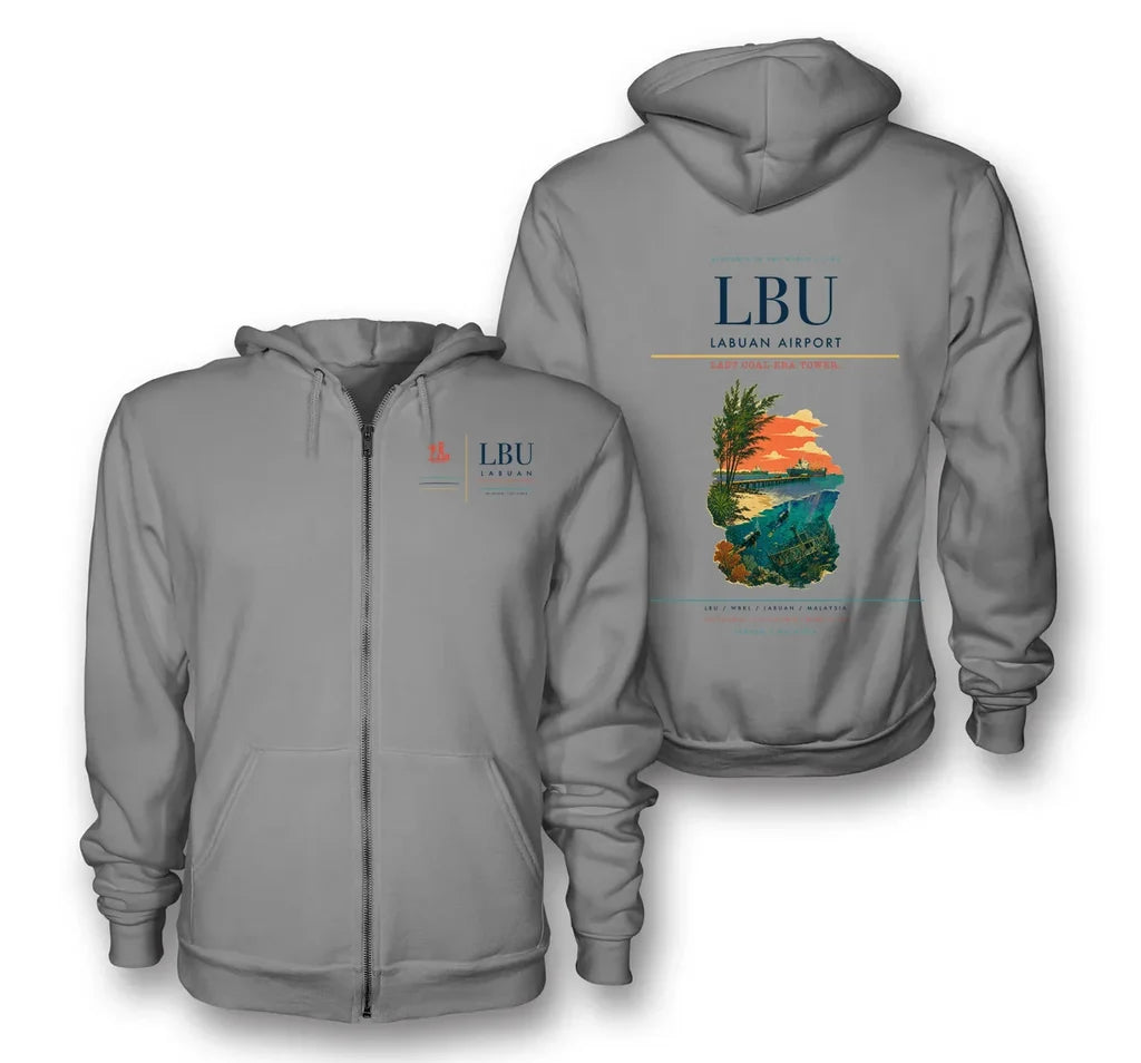 Labuan Airport (LBU) design on gray premium zipped hoodie