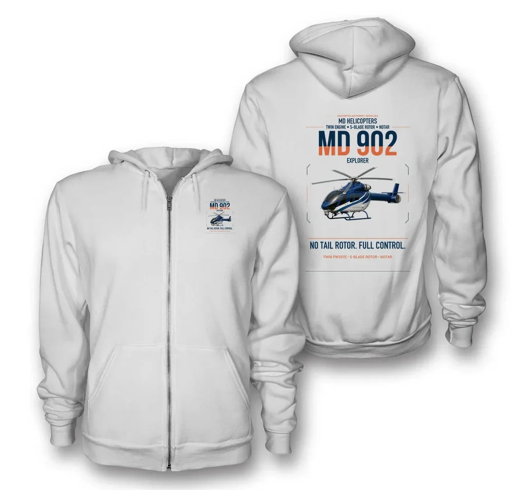 MD Helicopters MD 902 Explorer design on white premium zipped hoodie, double-side print