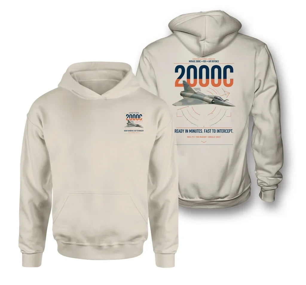 Dassault Mirage 2000C RDI design on khaki double-side hoodie, double-side print