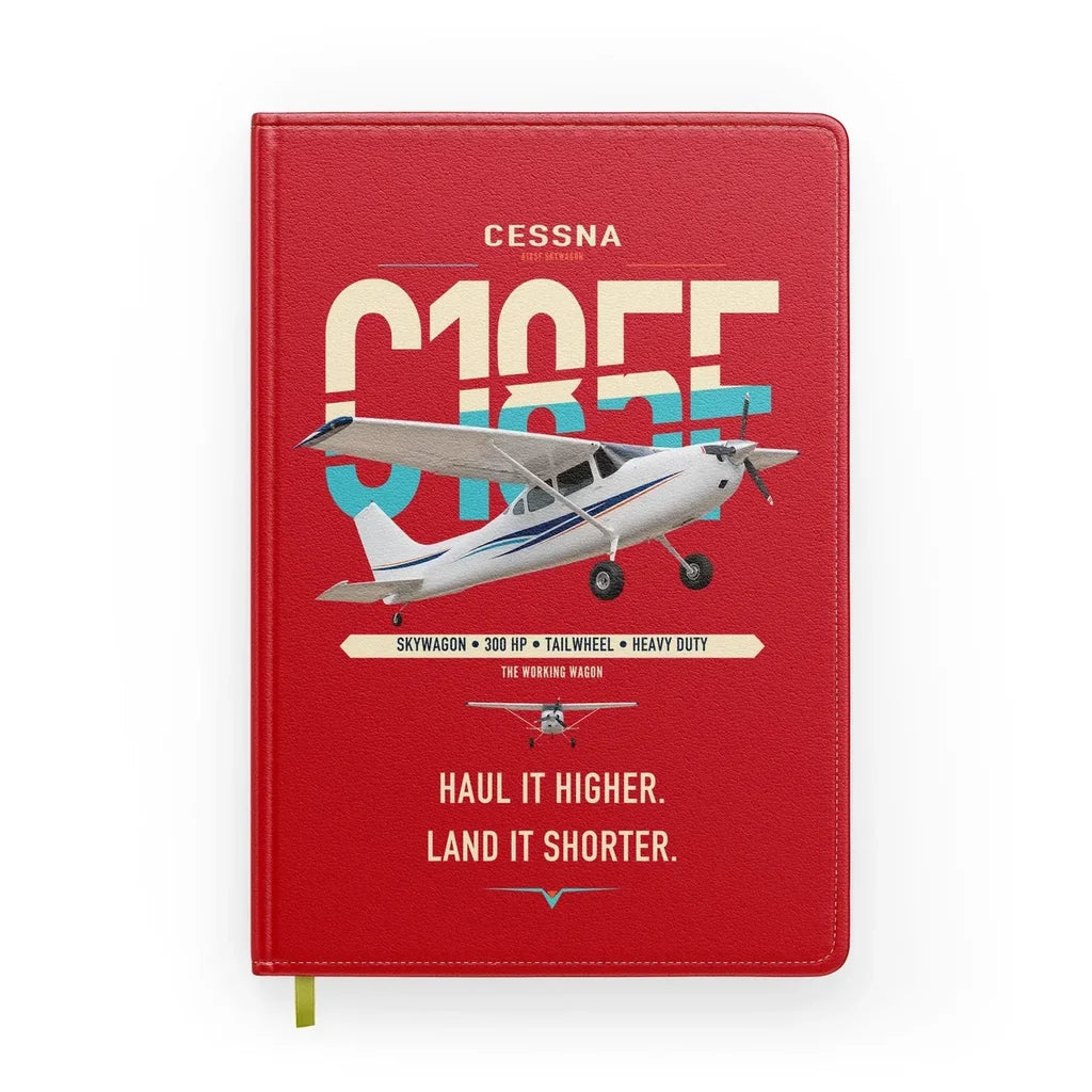 Cessna A185F Skywagon design on red notebook