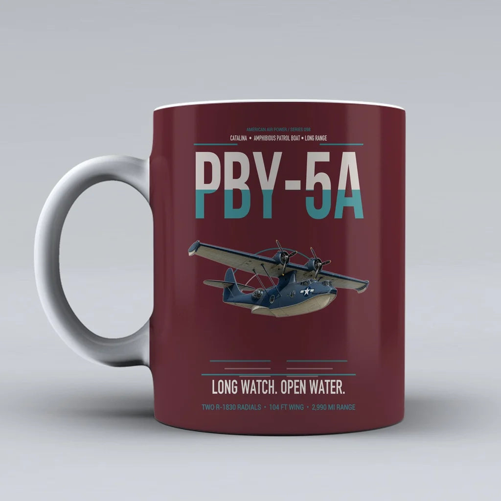 PBY-5A Catalina design on dark red ceramic mug, double-side print