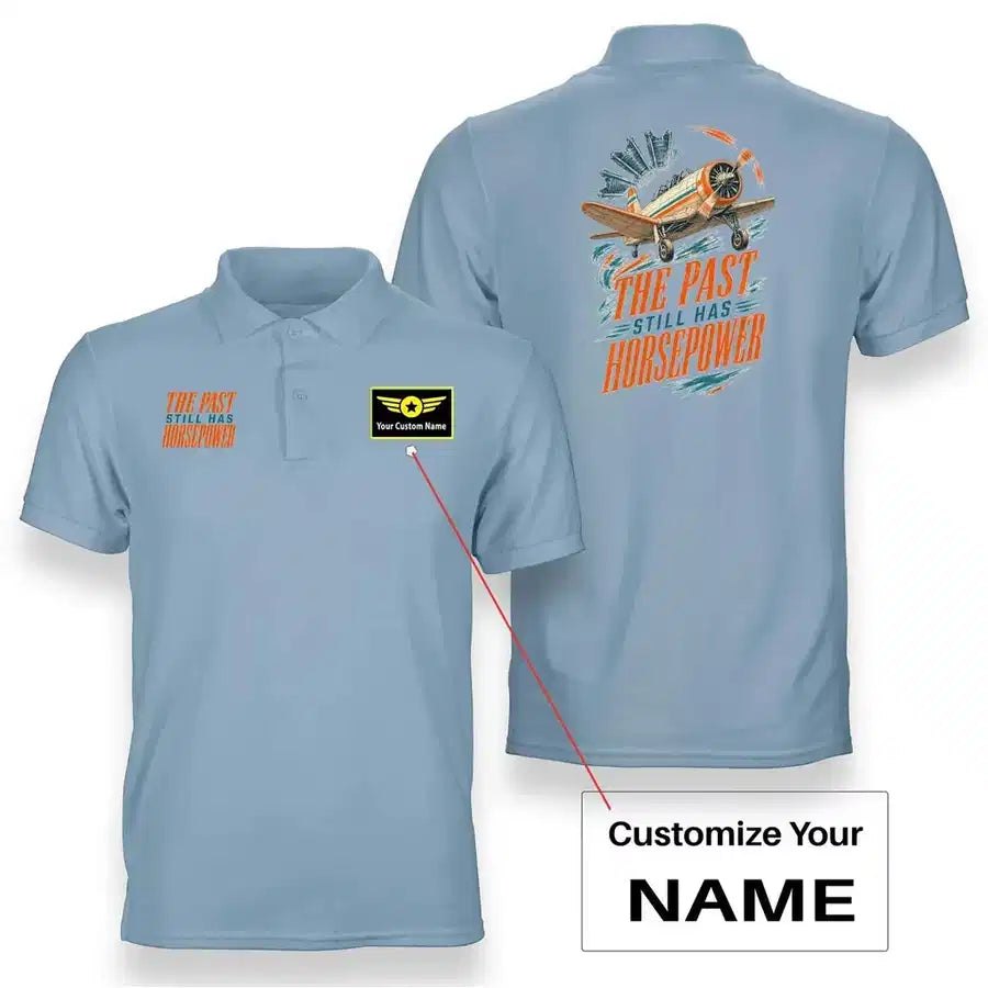 SIGNAL 656 - The Past Still Has Horsepower - Double-Side Polo design on light blue double side polo with custom name badge