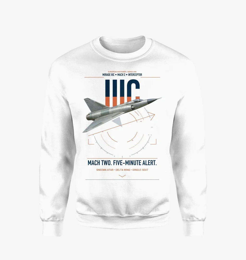 Dassault Mirage IIIC design on white sweatshirt