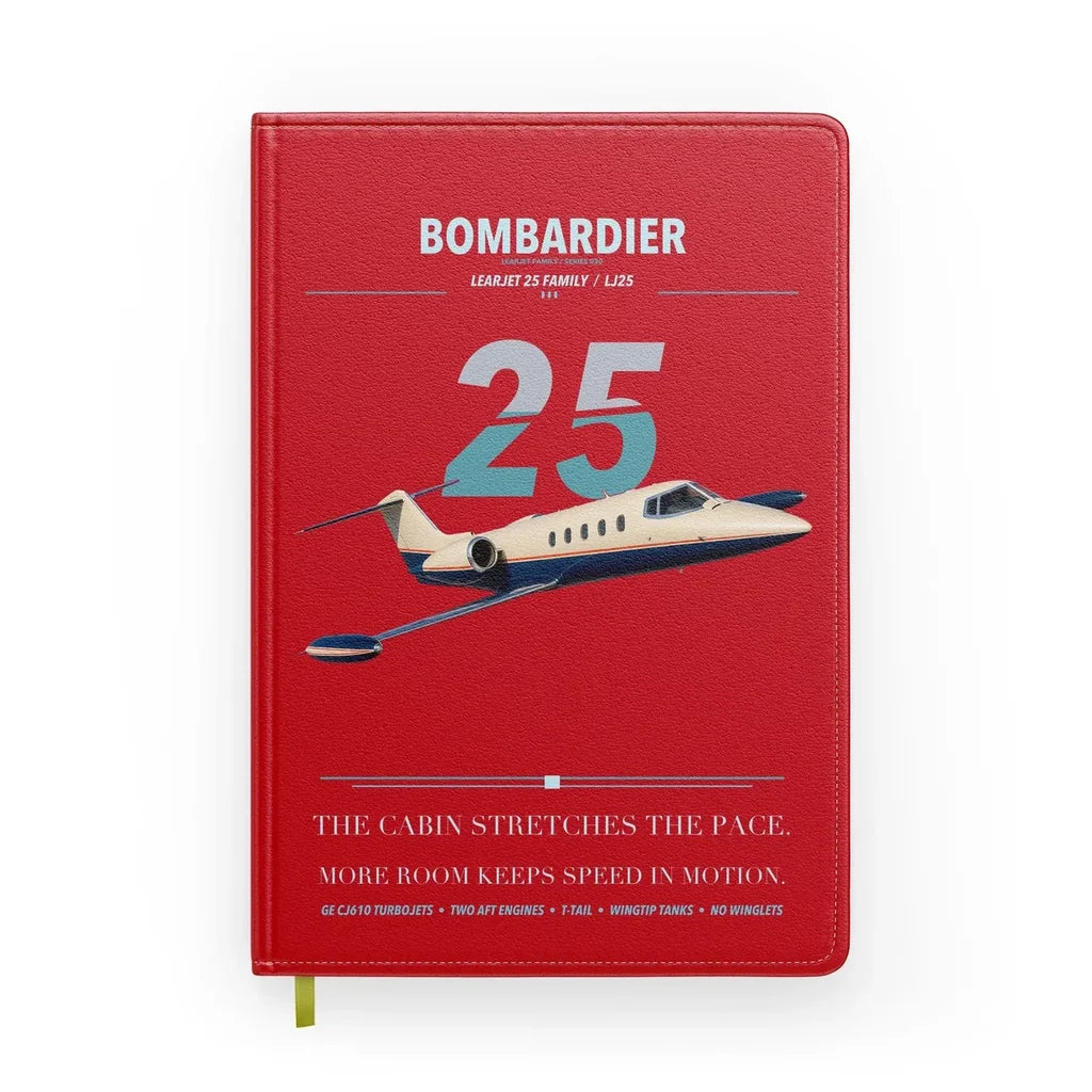 Bombardier Learjet 25 design on red notebook