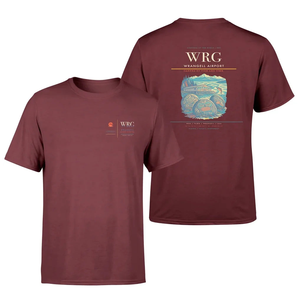 Wrangell Airport (WRG) design printed on dark red double-side t-shirt