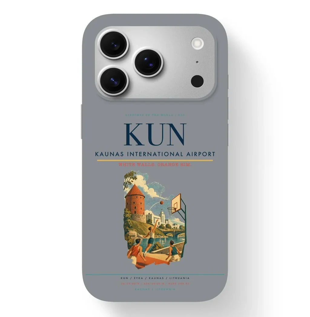 Kaunas Airport (KUN) design on gray iPhone 17 Pro MagSafe case