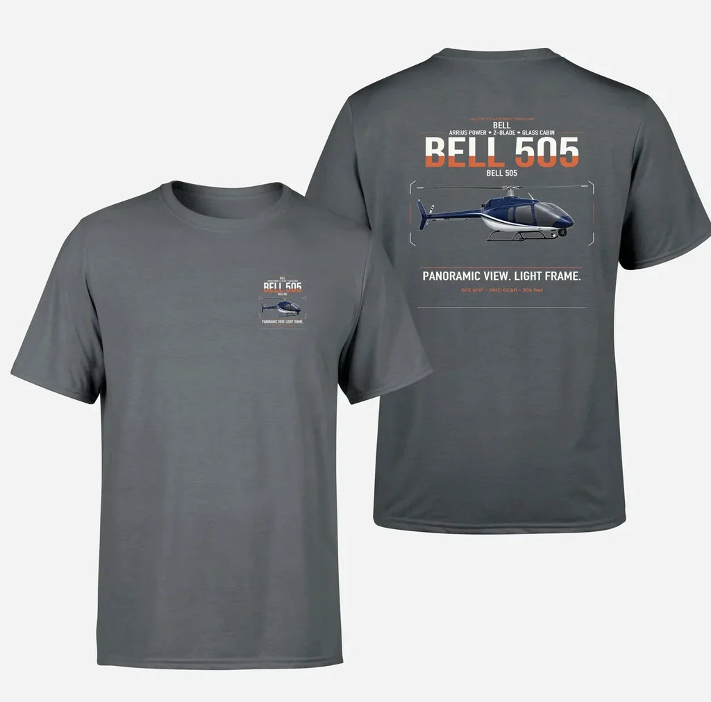 Bell 505 design on gray t-shirt, double-side print