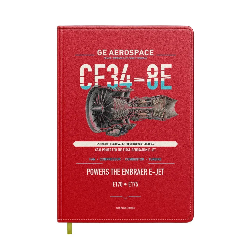 CF34-8E design on red notebook