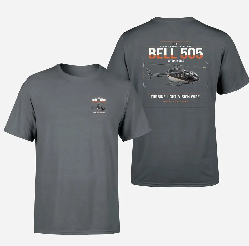 Bell 505 Jet Ranger X design on gray t-shirt, double-side print