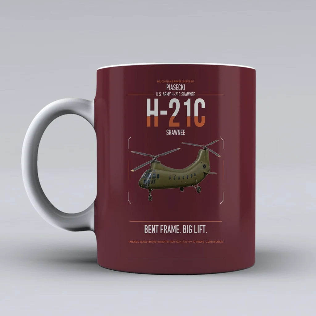 Piasecki H-21C Shawnee design on dark red ceramic mug, double-side print