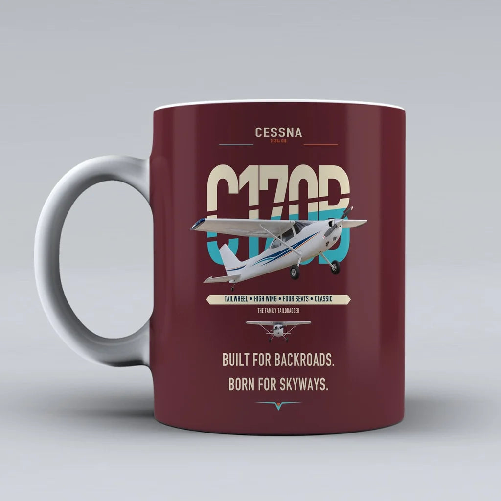 Cessna 170B design on dark red ceramic mug, double-side print