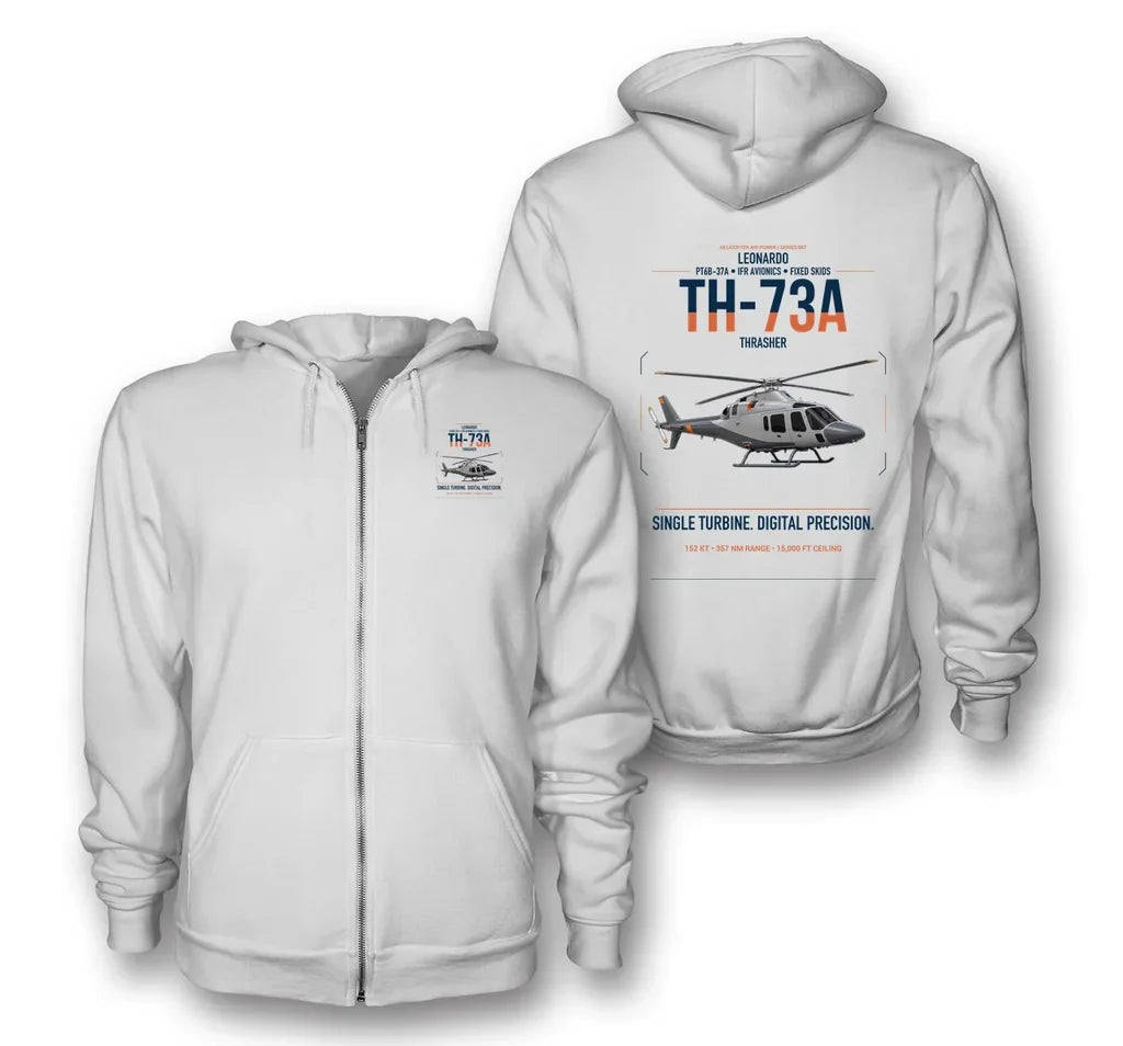 Leonardo TH-73A Thrasher design on white premium zipped hoodie, double-side print