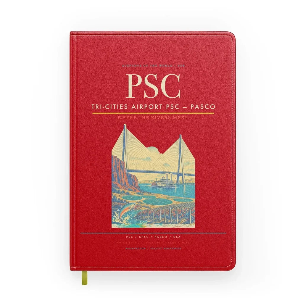 Tri-Cities Airport (PSC) design on red notebook