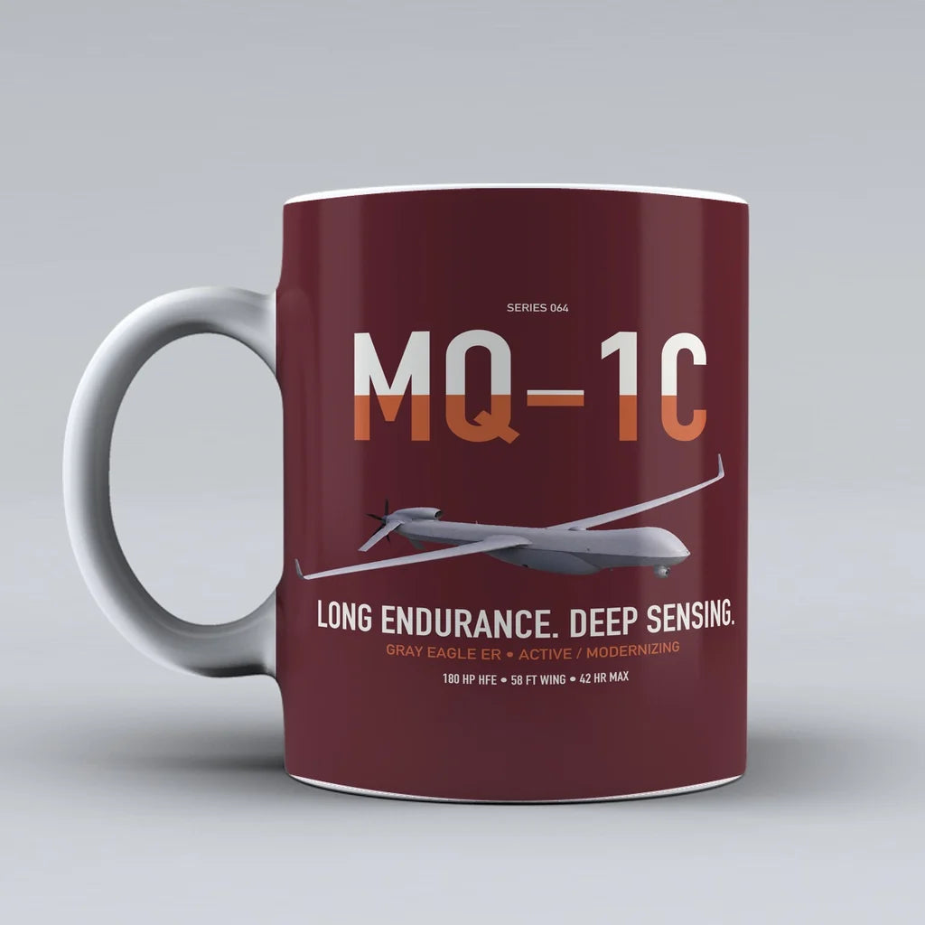 MQ-1C Gray Eagle ER design on dark red ceramic mug, double-side print