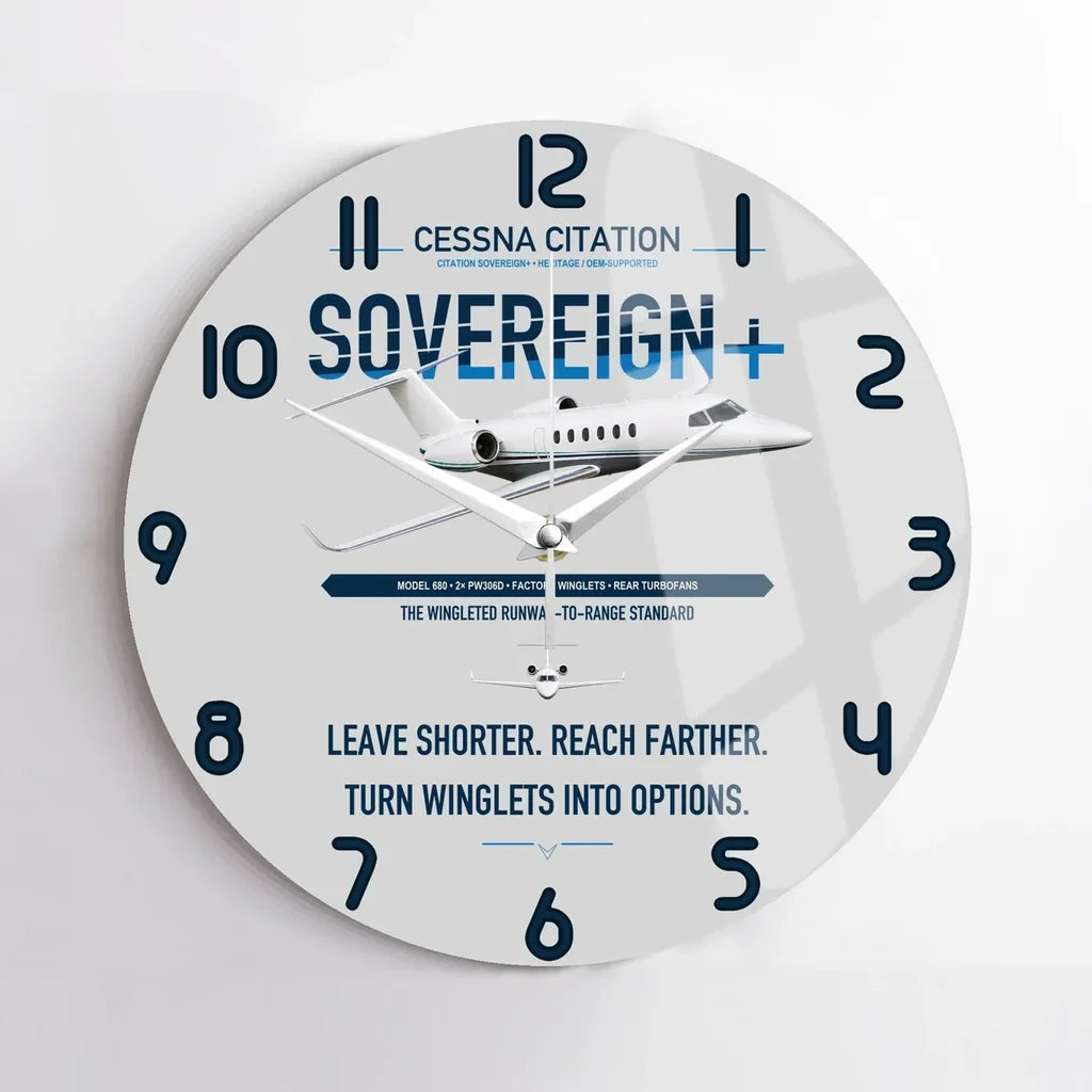 Cessna Citation Sovereign+ design on light gray no frame wall clock