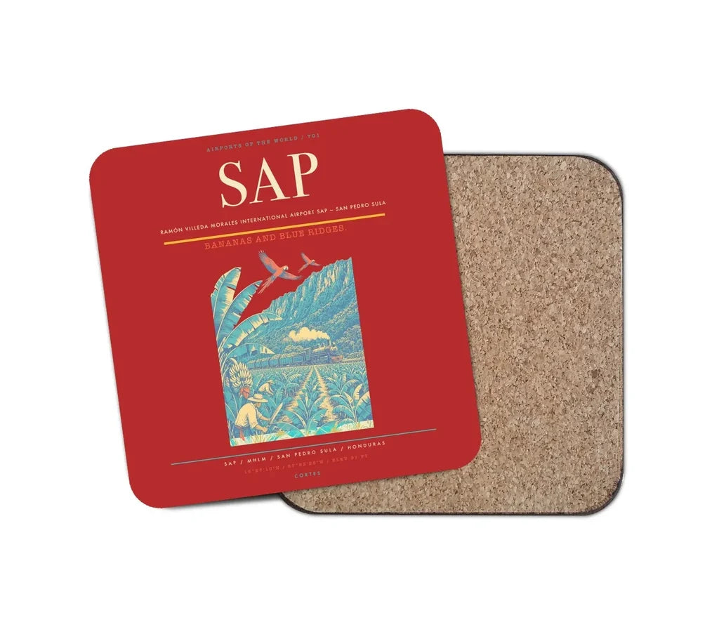 Ramón Villeda Morales International Airport (SAP) design on red 1 piece coaster