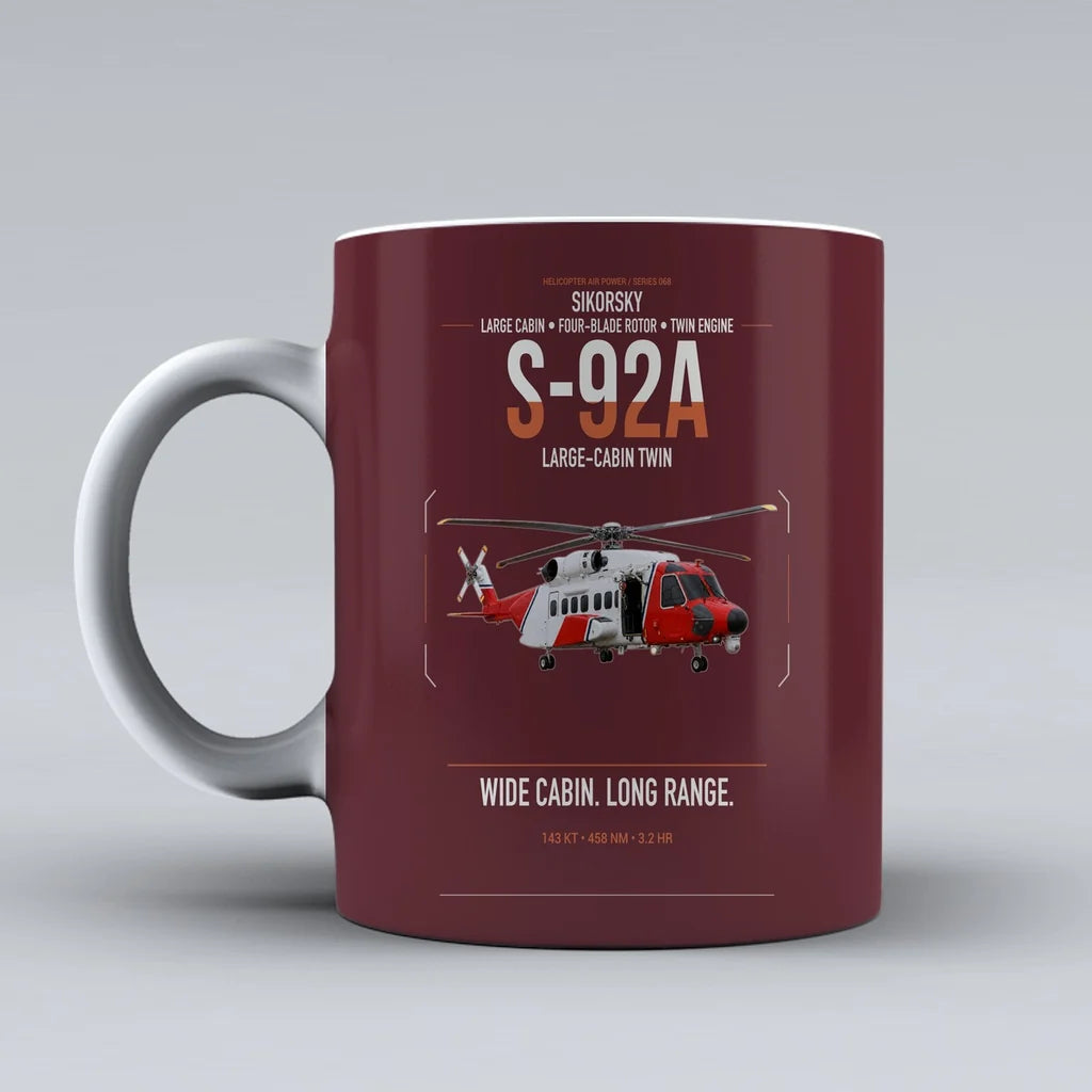 Sikorsky S-92A design on dark red ceramic mug, double-side print