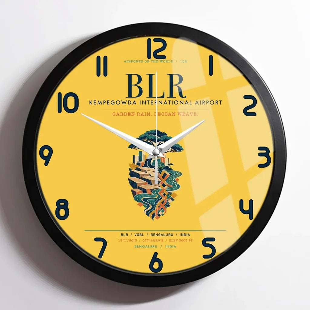 Kempegowda International Airport Bengaluru (BLR) design on yellow framed wall clock